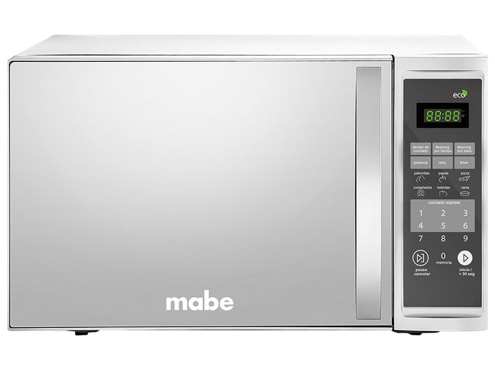 Horno microondas Mabe color plata con acabado de espejo y panel de control digital.