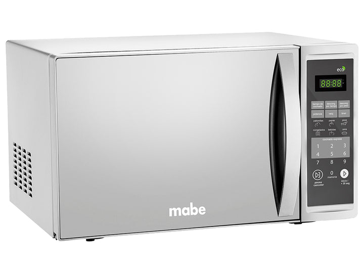 Horno microondas Mabe color plata con acabado de espejo y panel de control digital.