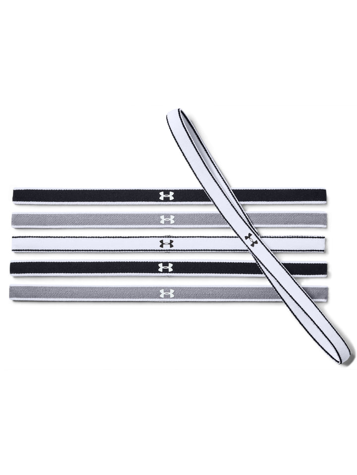 Set de 6 bandas para la cabeza Under Armour en colores negro, gris y blanco.