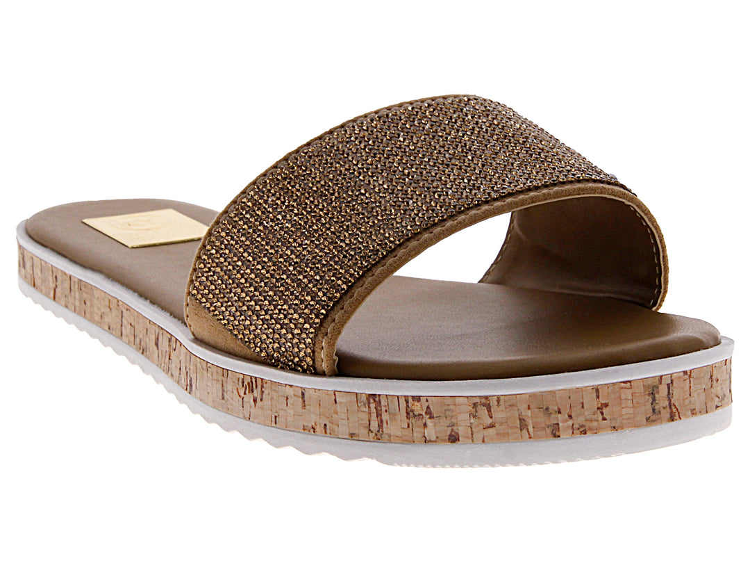 Sandalias de plataforma para mujer color marrón con banda dorada brillante y suela de corcho.