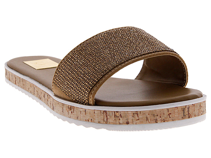 Sandalias de plataforma para mujer color marrón con banda dorada brillante y suela de corcho.