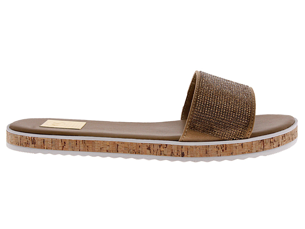 Sandalias de plataforma para mujer color marrón con banda dorada brillante y suela de corcho.