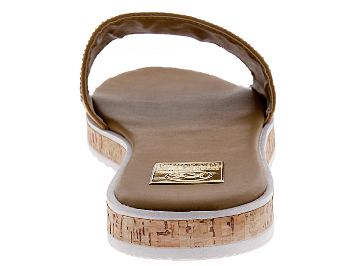 Sandalias de plataforma para mujer color marrón con banda dorada brillante y suela de corcho.