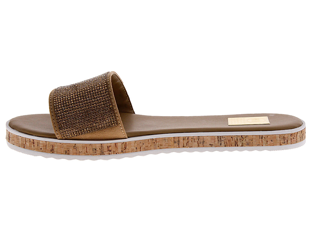 Sandalias de plataforma para mujer color marrón con banda dorada brillante y suela de corcho.