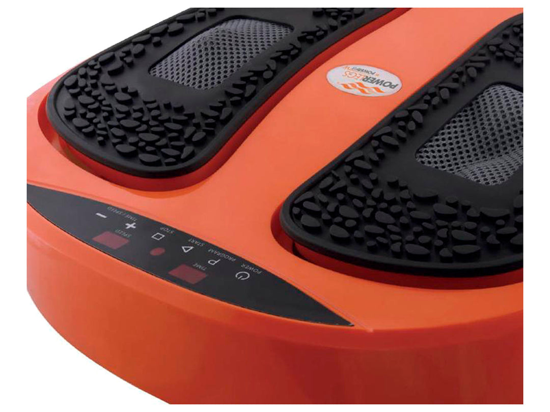 Ejercitador pasivo Powerlegs color naranja con pedales negros y panel de control digital.