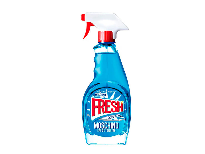 Perfume Moschino Fresh Couture en botella azul con forma de limpiador doméstico y su caja blanca.