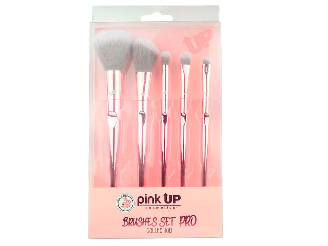 Set de 5 brochas de maquillaje Pink Up con mangos color oro rosa en empaque rosa.