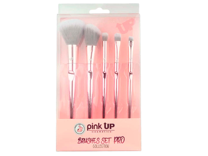 Set de 5 brochas de maquillaje Pink Up con mangos color oro rosa en empaque rosa.
