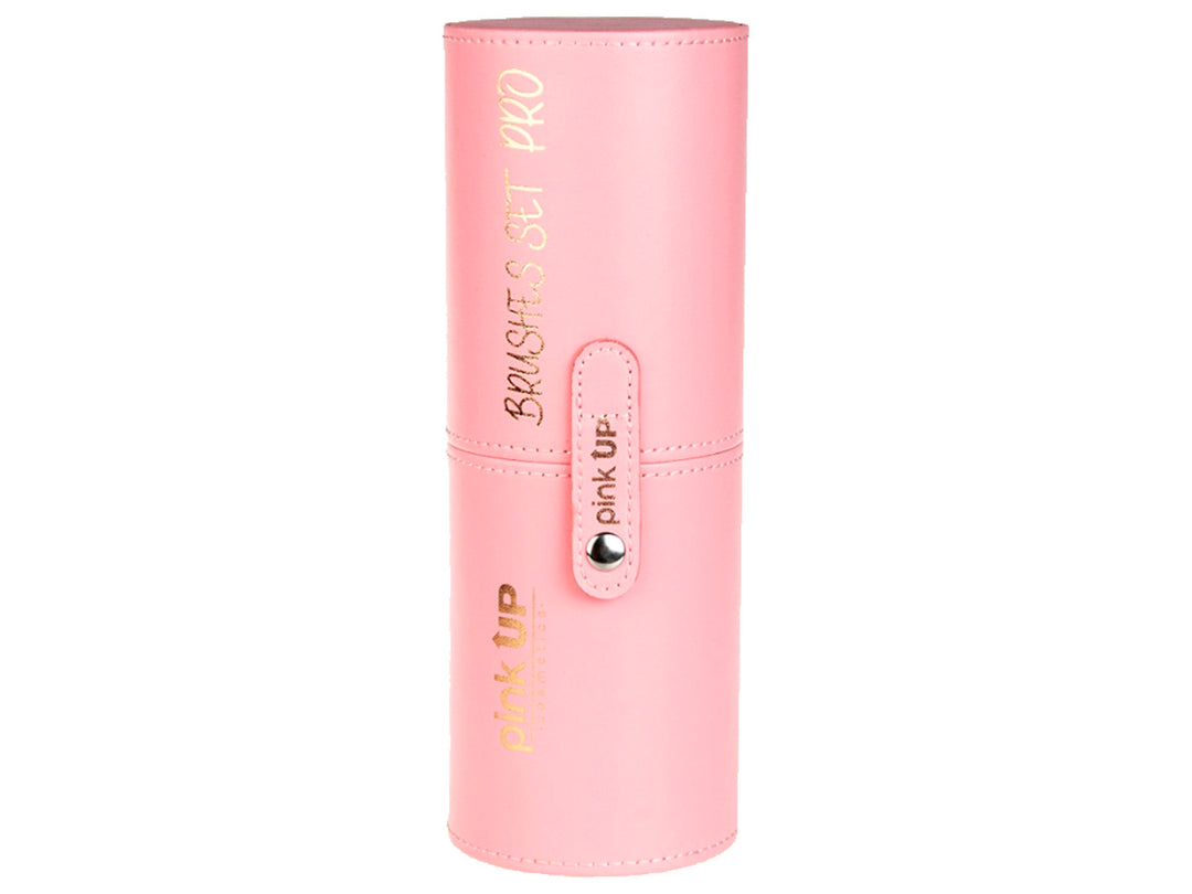 Set de brochas de maquillaje Pink Up con estuche rosa y mangos en color oro rosa sobre fondo blanco.