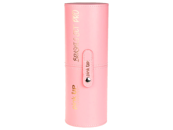 Set de brochas de maquillaje Pink Up con estuche rosa y mangos en color oro rosa sobre fondo blanco.