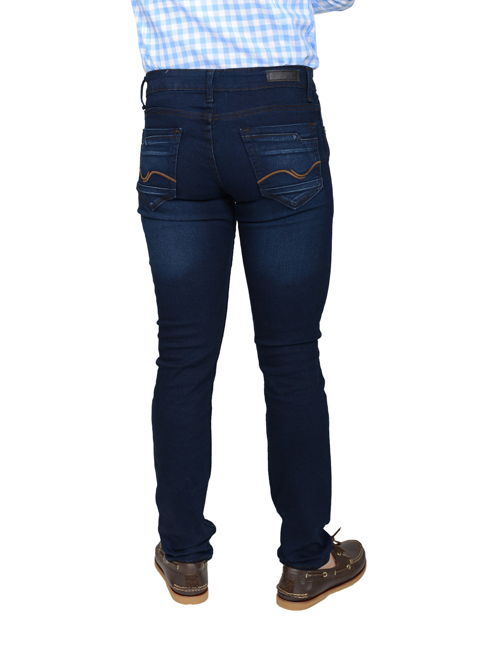 Pantalón de mezclilla azul marino para hombre con corte ajustado.