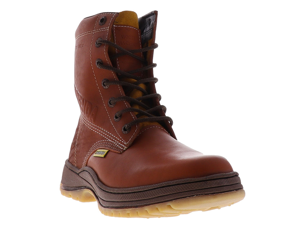 Bota de trabajo color café de cuero con suela gruesa marrón y cordones.