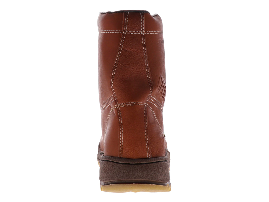 Bota de trabajo color café de cuero con suela gruesa marrón y cordones.