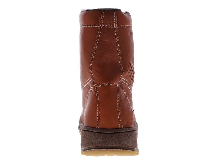 Bota de trabajo color café de cuero con suela gruesa marrón y cordones.