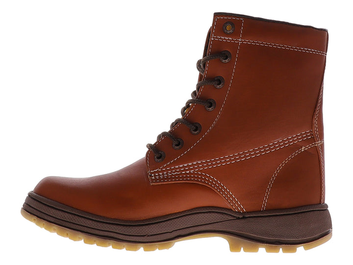 Bota de trabajo color café de cuero con suela gruesa marrón y cordones.