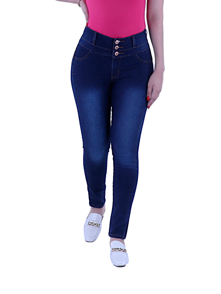 Pantalón jeans ajustados para mujer en color azul oscuro con cierre de botones frontales.