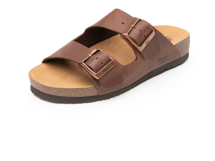 Sandalias Flexi color café para mujer con dos correas ajustables con hebillas y suela ergonómica.