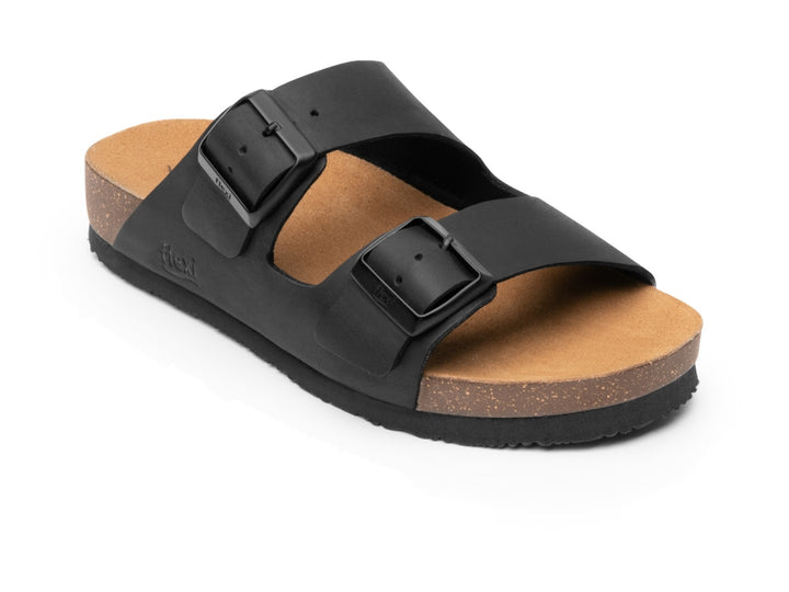 Sandalias negras para mujer Flexi con dos correas ajustables y plantilla color café.