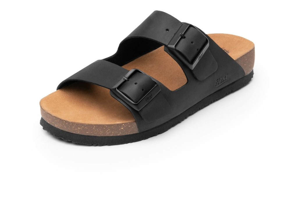 Sandalias negras para mujer Flexi con dos correas ajustables y plantilla color café.