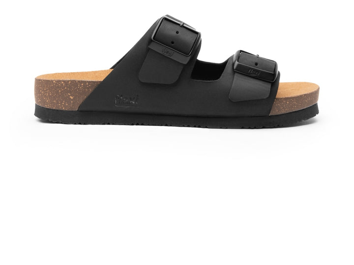 Sandalias negras para mujer Flexi con dos correas ajustables y plantilla color café.