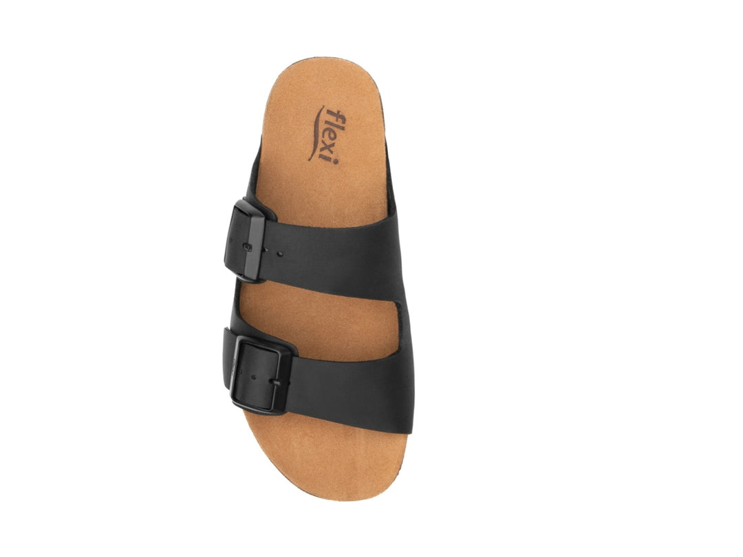 Sandalias negras para mujer Flexi con dos correas ajustables y plantilla color café.