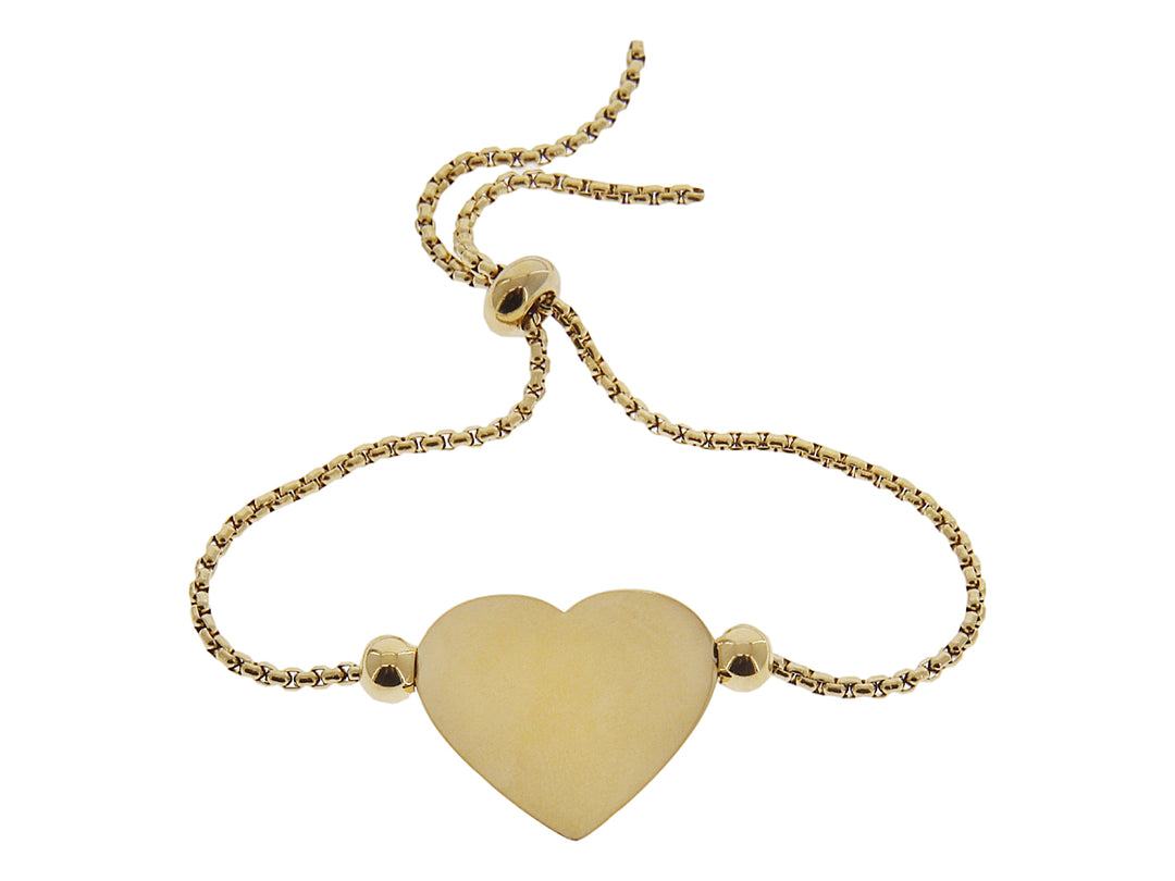 Pulsera de color oro con un dije central en forma de corazón y cadena ajustable.