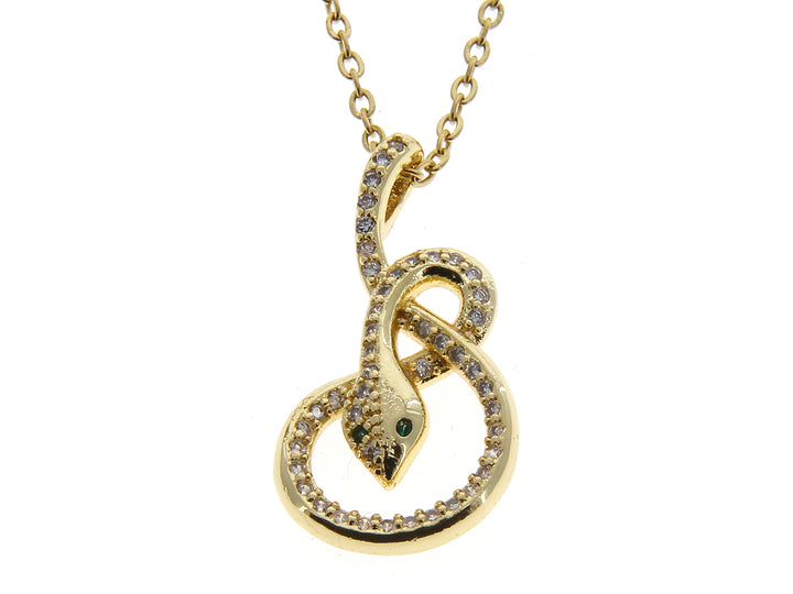 Collar de oro con dije en forma de espiral adornado con pequeñas piedras brillantes.
