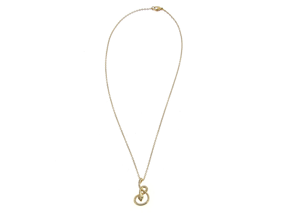 Collar de oro con dije en forma de espiral adornado con pequeñas piedras brillantes.