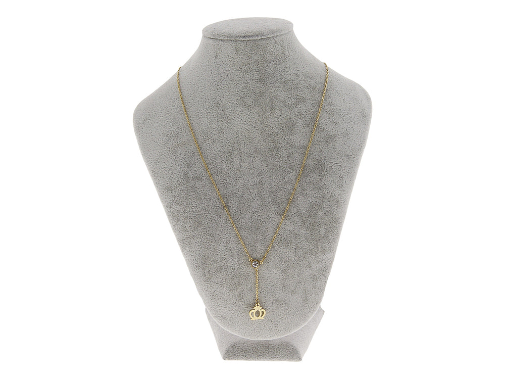 Collar color oro con dije en forma de corona y un cristal central.