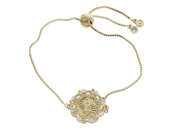 Pulsera de color oro con medallón central circular decorado con cristales y cierre ajustable.
