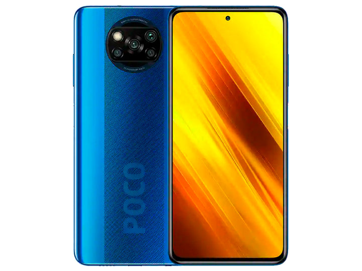 Smartphone Xiaomi Poco X3 color azul cobalto, vista frontal y posterior.