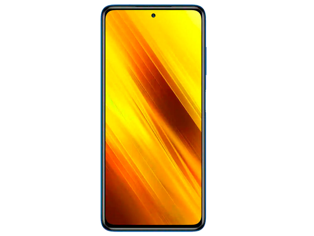 Smartphone Xiaomi Poco X3 color azul cobalto, vista frontal y posterior.