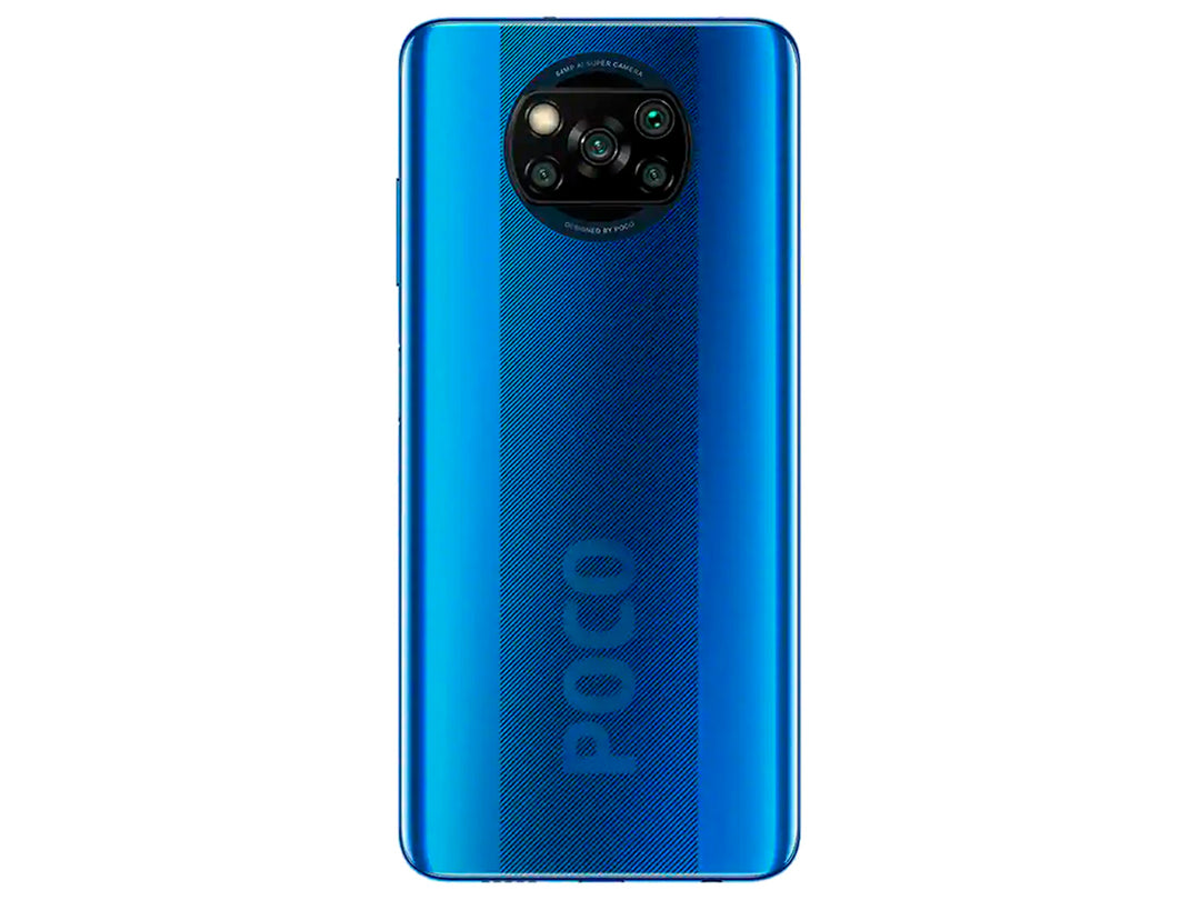 Smartphone Xiaomi Poco X3 color azul cobalto, vista frontal y posterior.