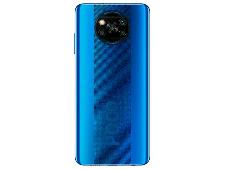 Smartphone Xiaomi Poco X3 color azul cobalto, vista frontal y posterior.