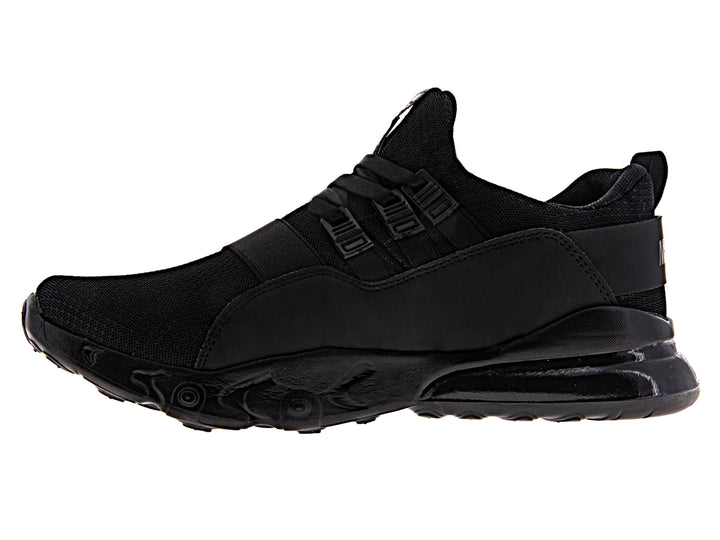 Tenis deportivo de baloncesto color negro con suela gruesa y detalles en malla.