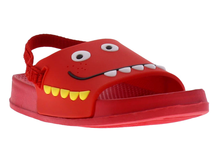Sandalia roja infantil con diseño de cara de monstruo y dientes amarillos.