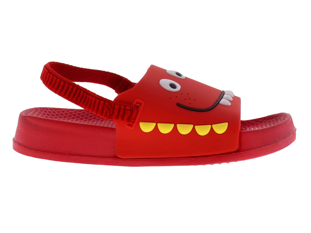 Sandalia roja infantil con diseño de cara de monstruo y dientes amarillos.