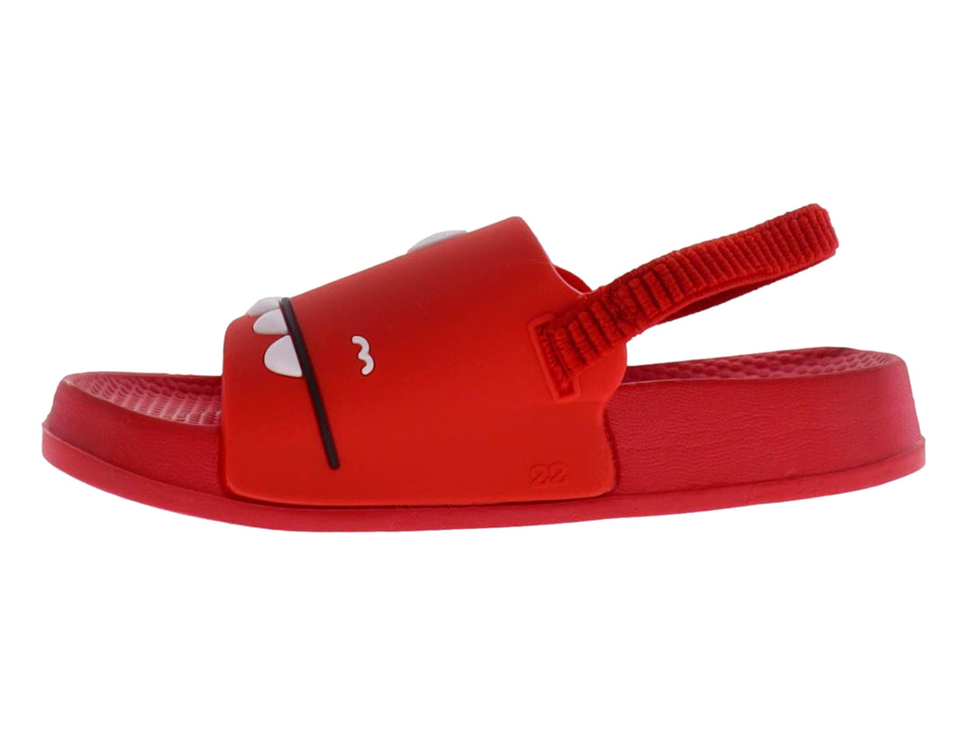 Sandalia roja infantil con diseño de cara de monstruo y dientes amarillos.