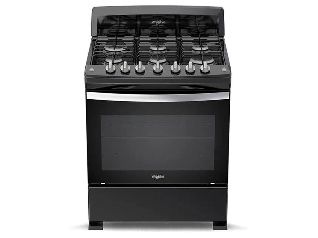Estufa Whirlpool color negro con 6 quemadores y horno integrado.