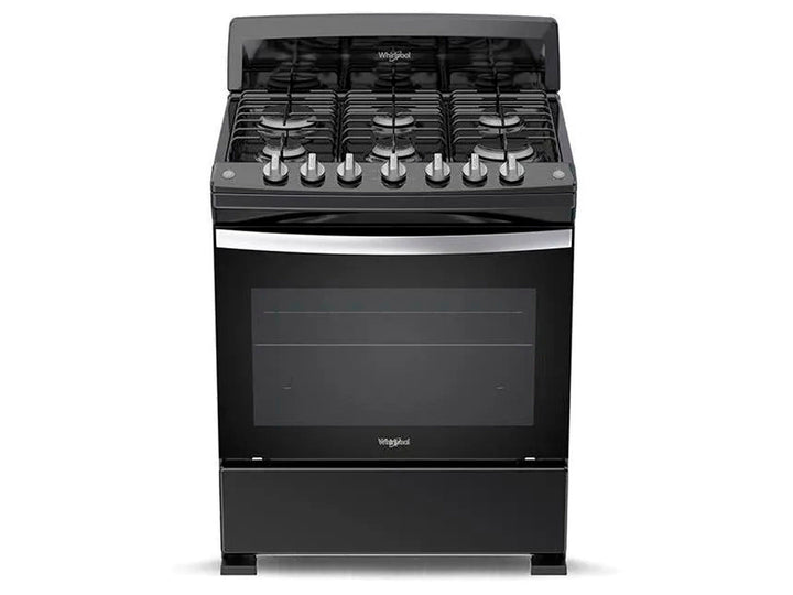 Estufa Whirlpool color negro con 6 quemadores y horno integrado.