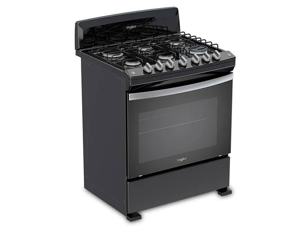 Estufa Whirlpool color negro con 6 quemadores y horno integrado.