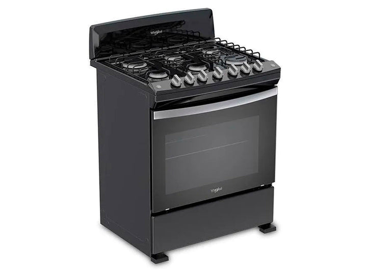 Estufa Whirlpool color negro con 6 quemadores y horno integrado.