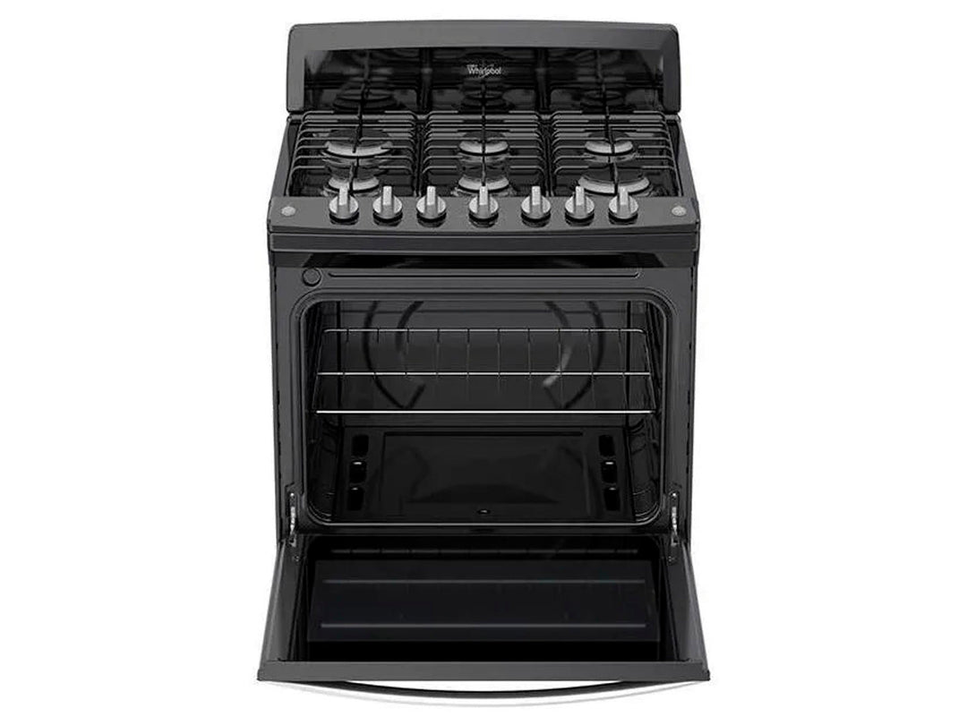 Estufa Whirlpool color negro con 6 quemadores y horno integrado.