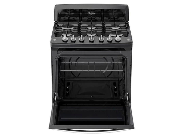 Estufa Whirlpool color negro con 6 quemadores y horno integrado.