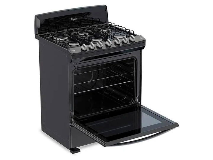Estufa Whirlpool color negro con 6 quemadores y horno integrado.