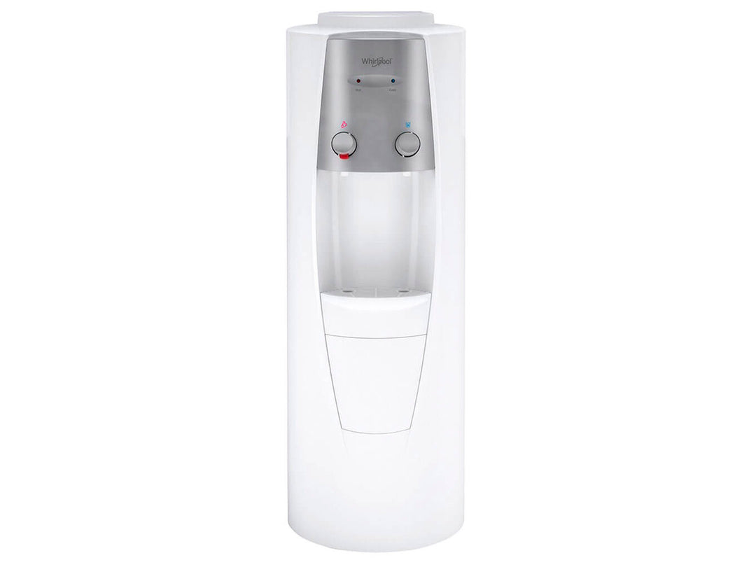 Enfriador de agua Whirlpool color blanco con panel de control plateado y dos botones de dispensado.