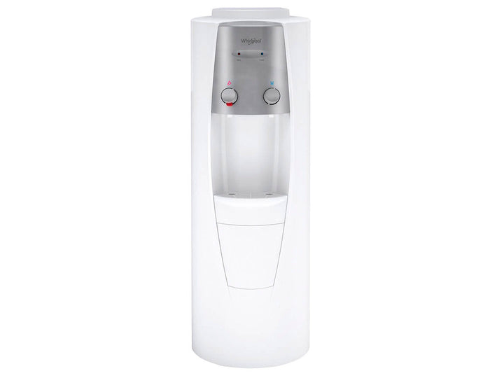 Enfriador de agua Whirlpool color blanco con panel de control plateado y dos botones de dispensado.