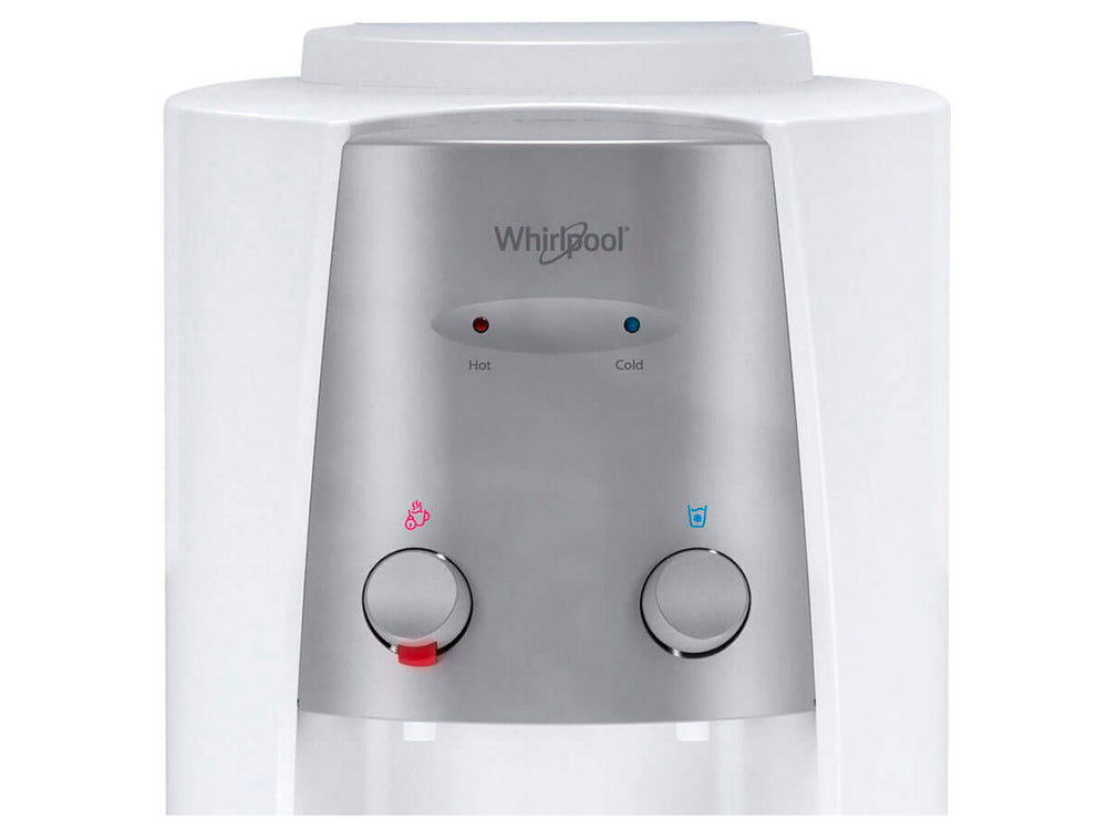 Enfriador de agua Whirlpool color blanco con panel de control plateado y dos botones de dispensado.