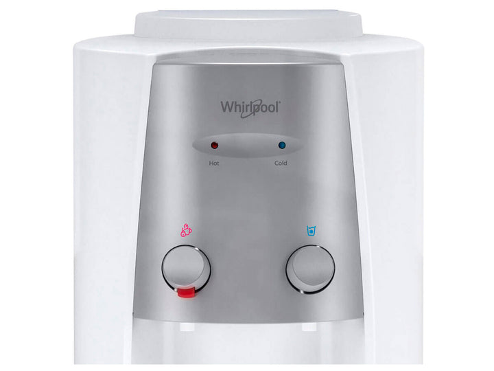 Enfriador de agua Whirlpool color blanco con panel de control plateado y dos botones de dispensado.