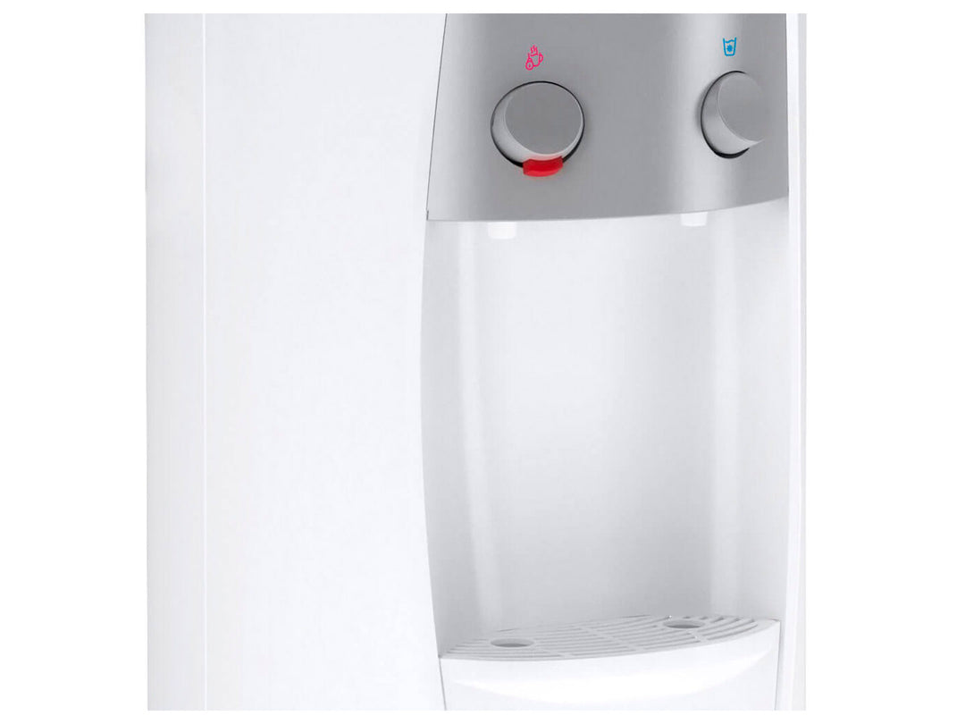 Enfriador de agua Whirlpool color blanco con panel de control plateado y dos botones de dispensado.